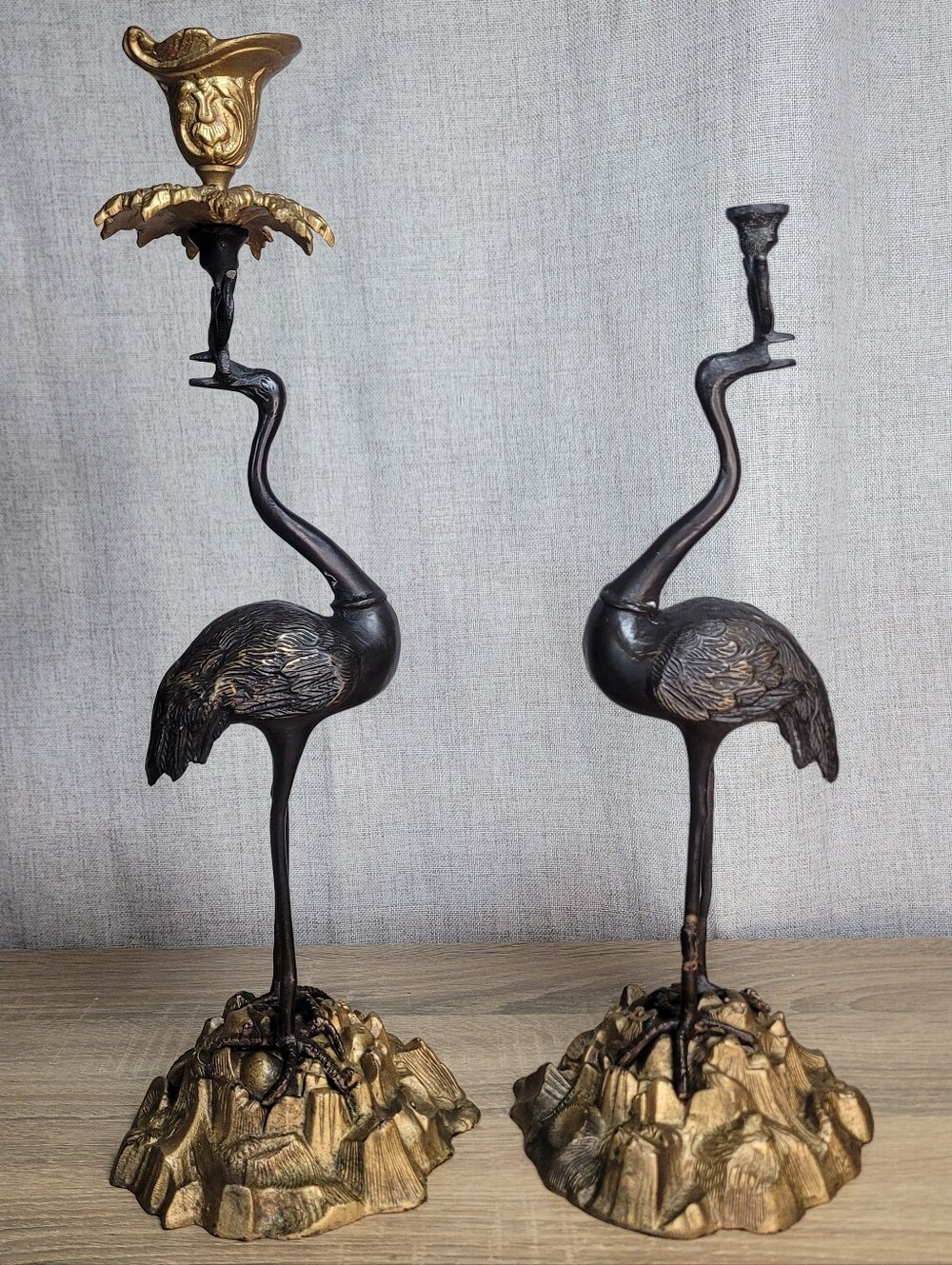 Antique Pair of Bronze Crane Candle Holders